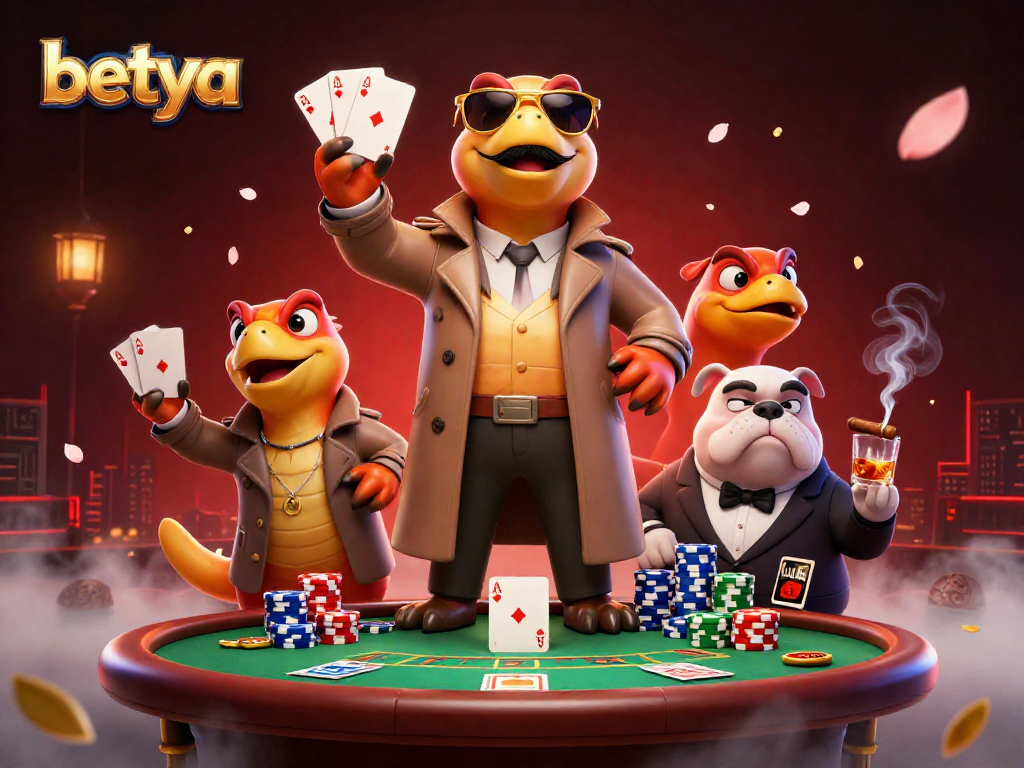 Three raptors in a trench coat attempt to enter a casino while a bulldog bouncer watches, showcasing betya's fun side.