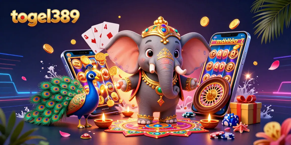 Boost your luck with togel389's vibrant slots and colorful game elements in this dynamic illustration.