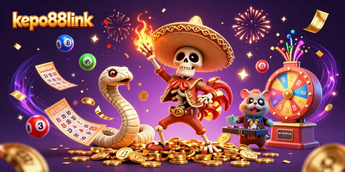 Engage with kepo88link, where the lively skeleton rooster dances amidst golden coins and vibrant lottery elements.