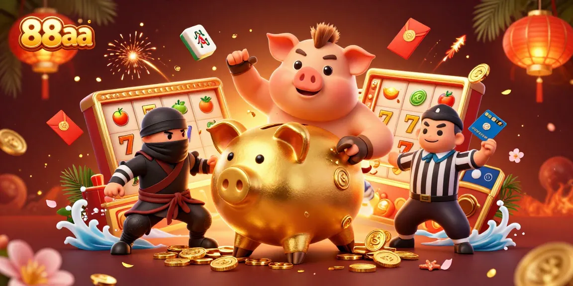 88aa showcases a vibrant casino scene with a golden piggy bank sumo wrestler amid dynamic slot elements.