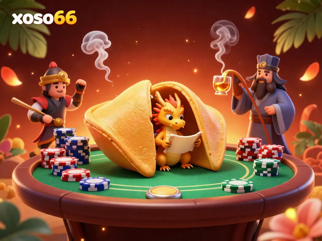 Experience the vibrant world of xoso66 with a golden cookie dragon guarding a poker scene, showcasing intense gaming action.