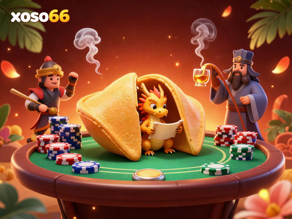 Experience the vibrant world of xoso66 with a golden cookie dragon guarding a poker scene, showcasing intense gaming action.