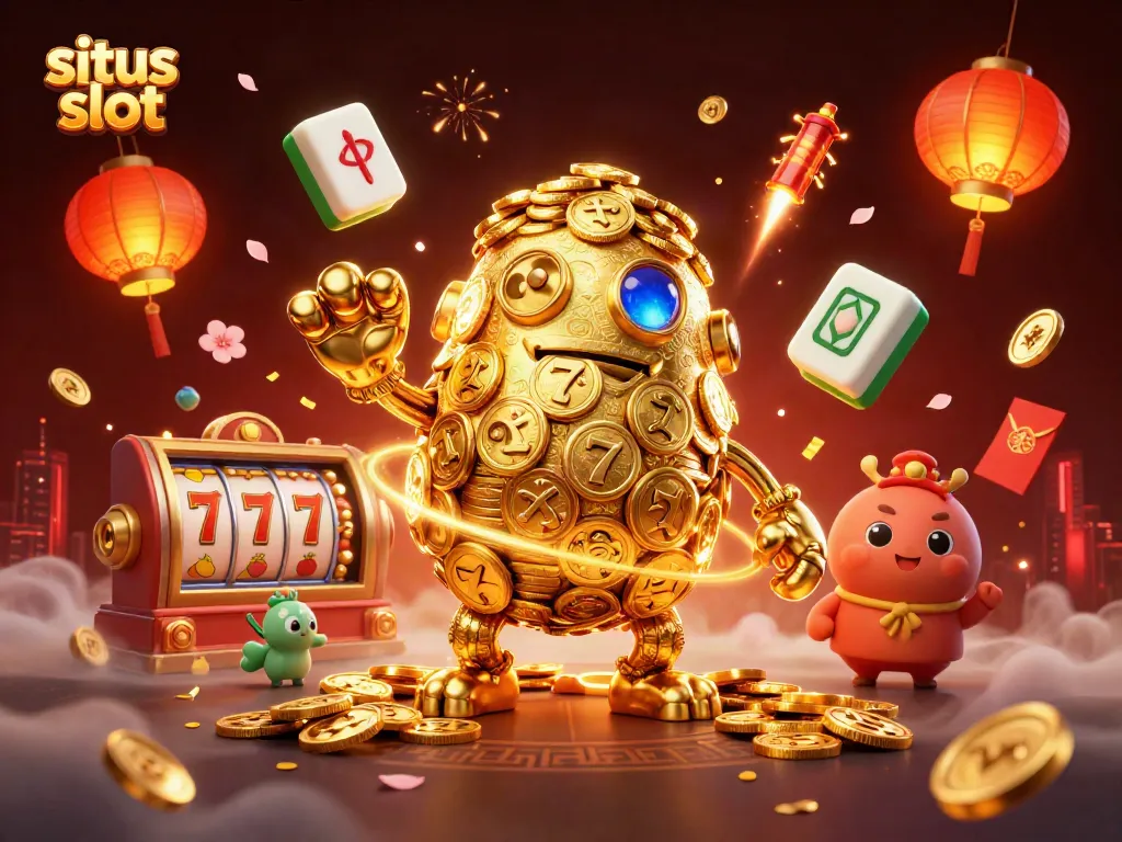 Menang besar di situs slot dengan golem emas dan simbol permainan yang berkilauan.