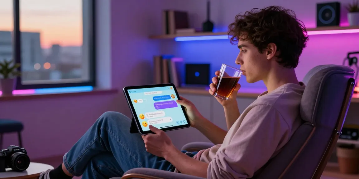 Engaging in ai nsfw chat on a tablet in a modern, cozy setting.