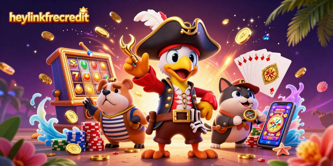heylinkfreecredit offers an exciting casino scene with a pirate captain, bulldog, and cat amidst golden coins and vibrant slot machines.