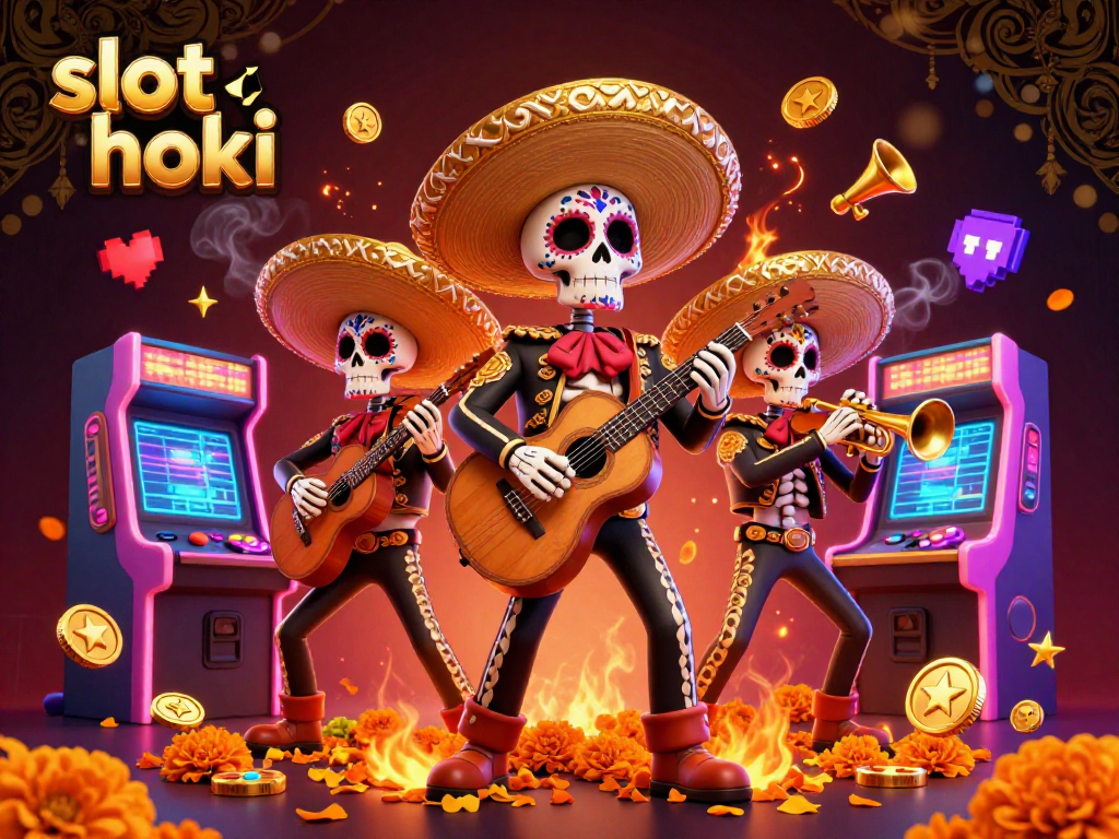 Experience the thrill of slot hoki with a vibrant Day of the Dead mariachi band amidst colorful gaming elements.