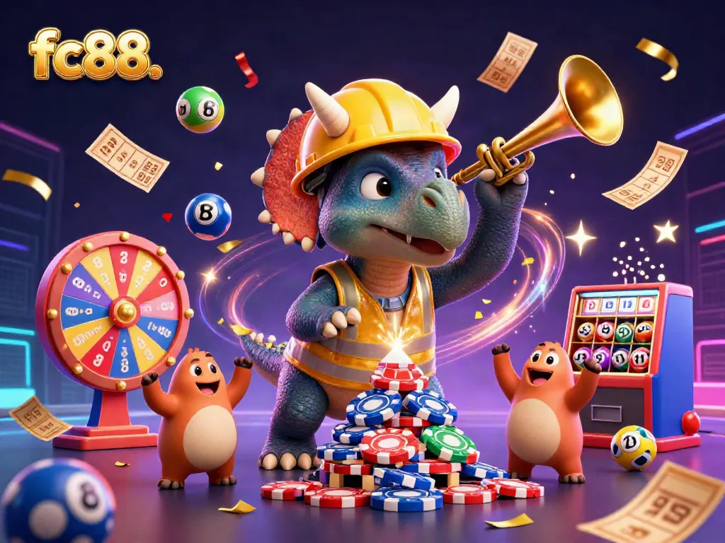 Engage in thrilling gameplay with fc88's colorful characters building chip pyramids and vibrant casino elements.