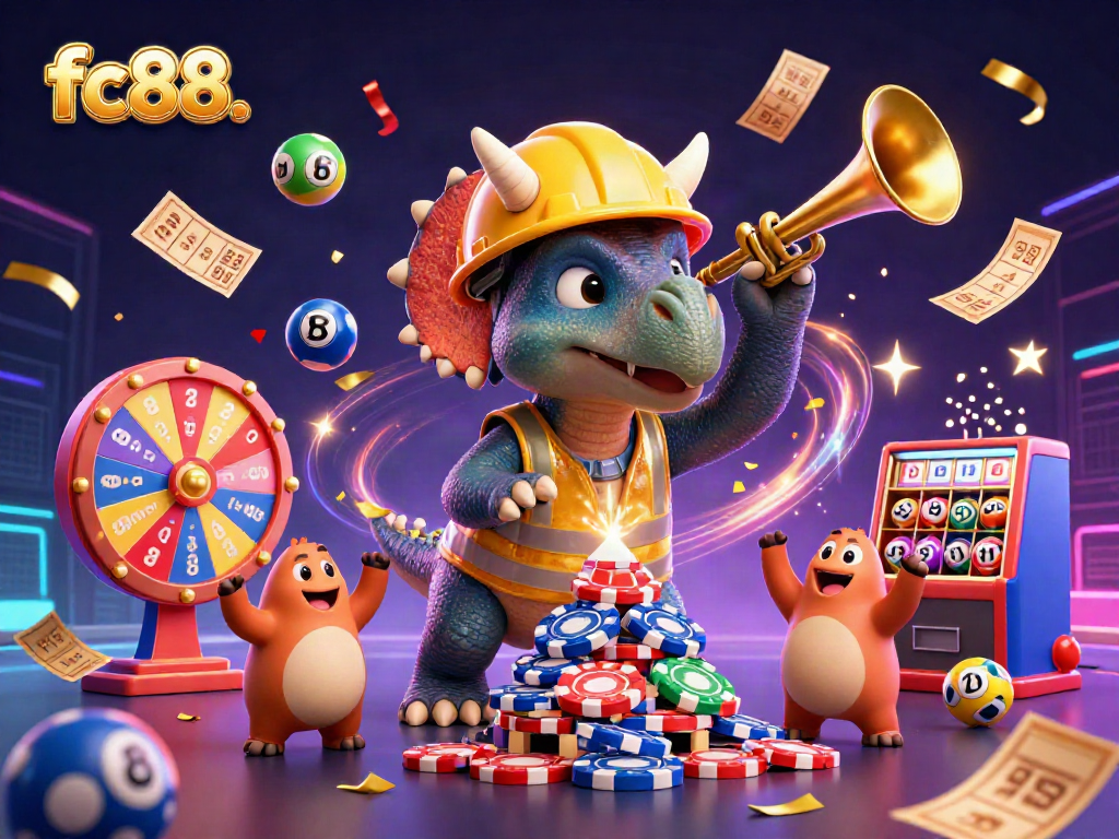 Engage in thrilling gameplay with fc88's colorful characters building chip pyramids and vibrant casino elements.