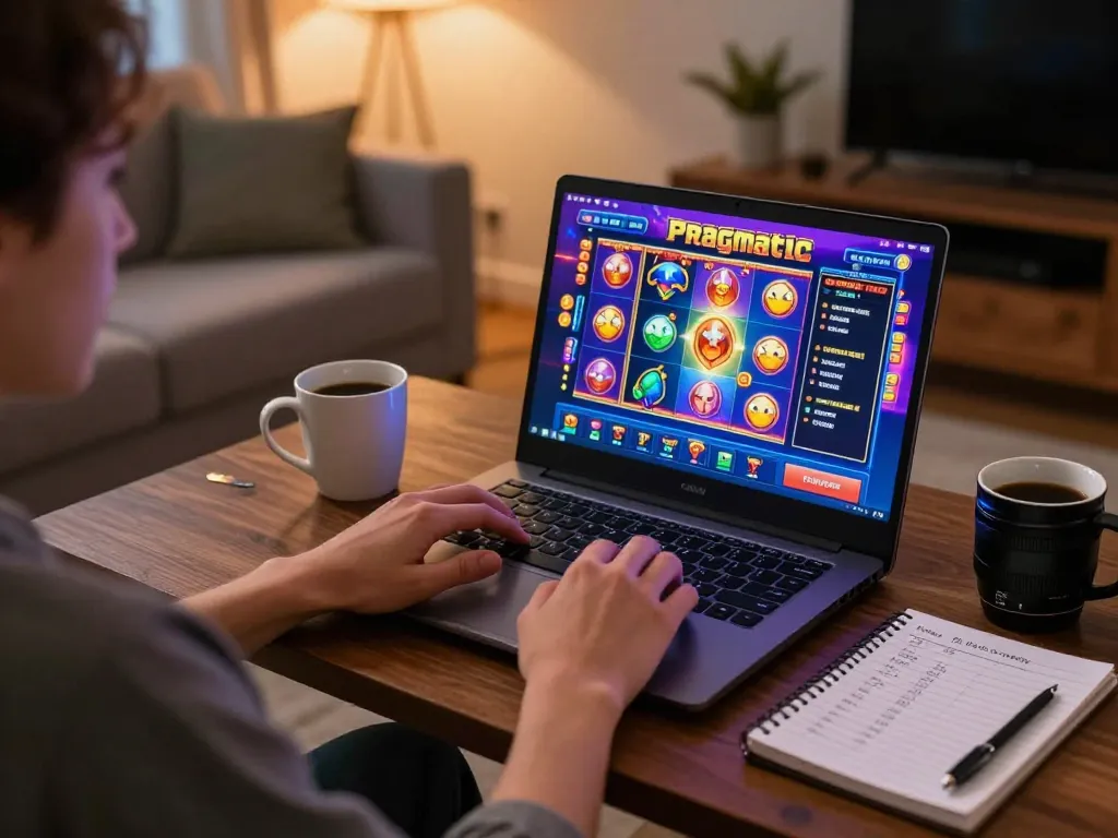 Playing colorful Pragmatic Slot games on a laptop in a cozy living room setting.