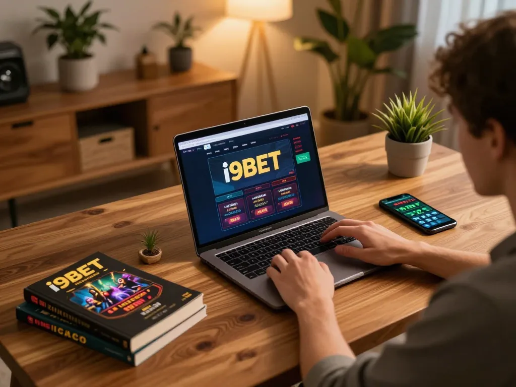 The user engaging with the i9BET casino interface on a laptop showcases an exciting home gaming setup.