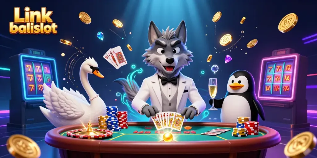 Experience the excitement of gambling with Link balislot, showcasing a debonair wolf and elegant swan at a baccarat table.