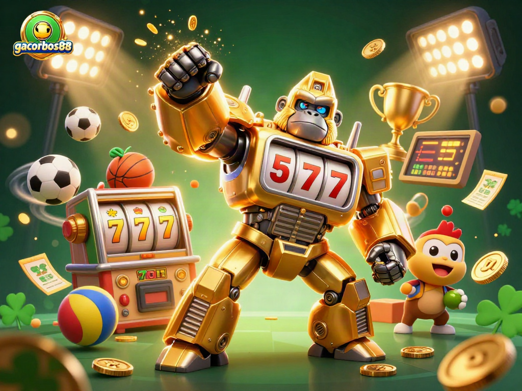 Experience thrilling gaming with gacorbos88's golden gorilla mech surrounded by dynamic slot elements and sports