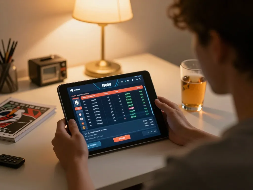 Nowgoal user strategizing for online sports betting in a cozy home setting