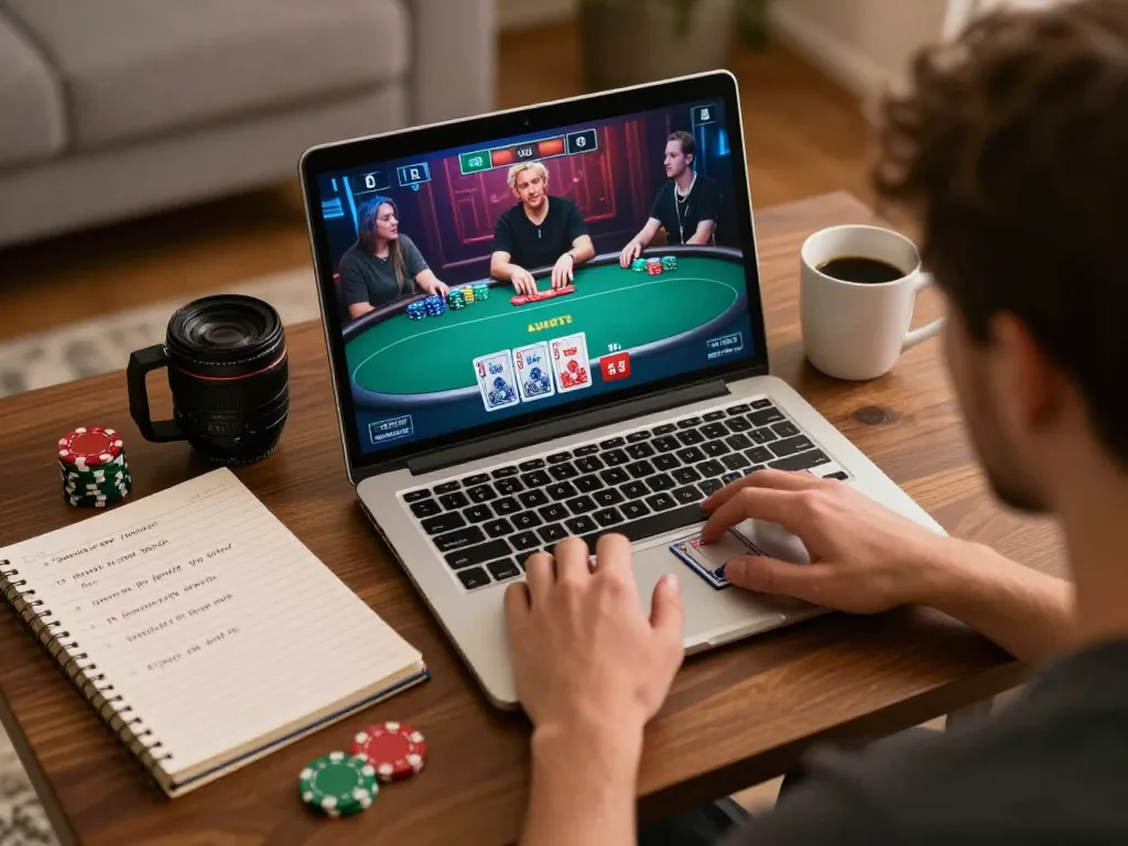 Play poker strategically at lucks8 from home with a cozy gaming setup, laptop and cards.