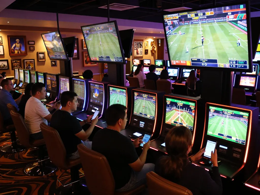 Bj88 players engaging in live sports betting with mobile devices and vibrant screens.