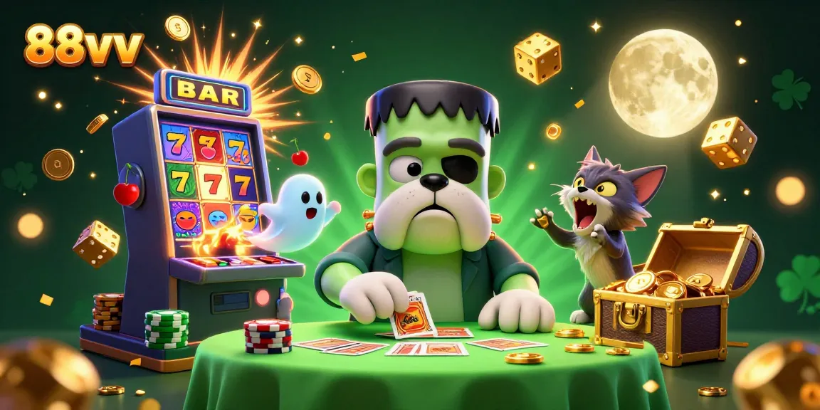 Experience thrilling gaming with 88vv as a Frankenstein bulldog deals cards at a spooky casino table.