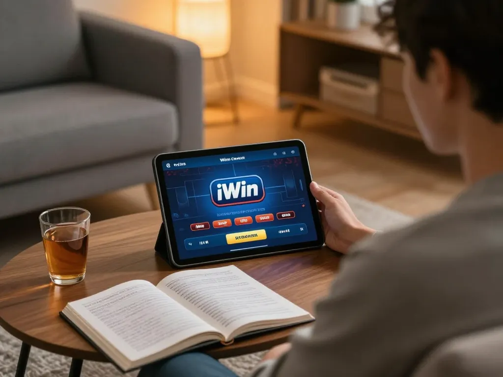 Player engages with iWin casino app on tablet, set in cozy home gaming environment.
