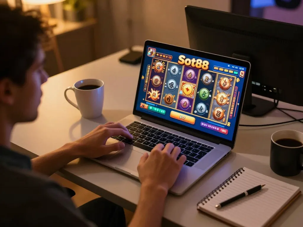 Engaging in Slot88 gameplay on a laptop, showcasing colorful game graphics and thoughtful strategy notes.