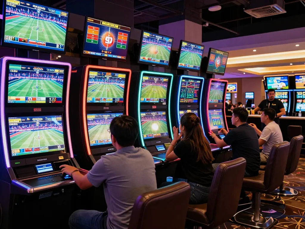 Engaging sports bettors analyzing odds for m109 games at a modern casino