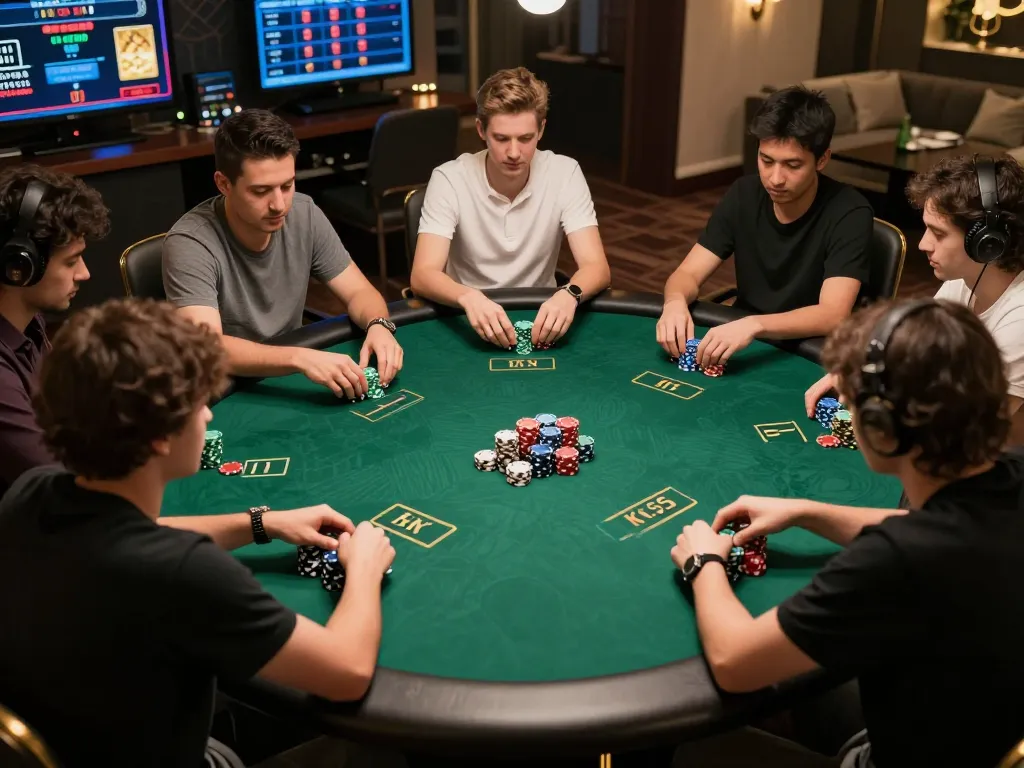 Players engaging in poker strategy at KK55 online casino with chips and cards in action.