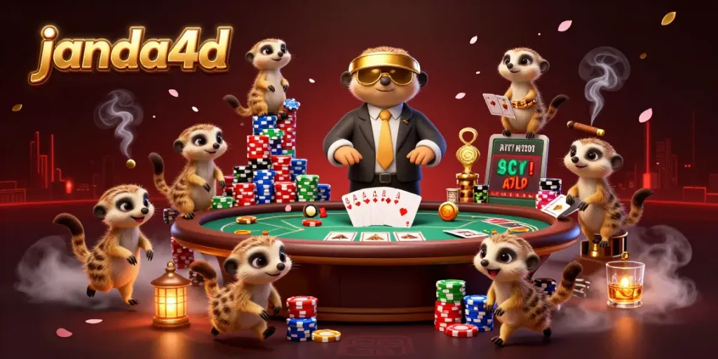 Ilustrasi 3D janda4d menggambarkan koloni meerkat menjalankan kasino dengan banyak elemen judi yang menarik.
