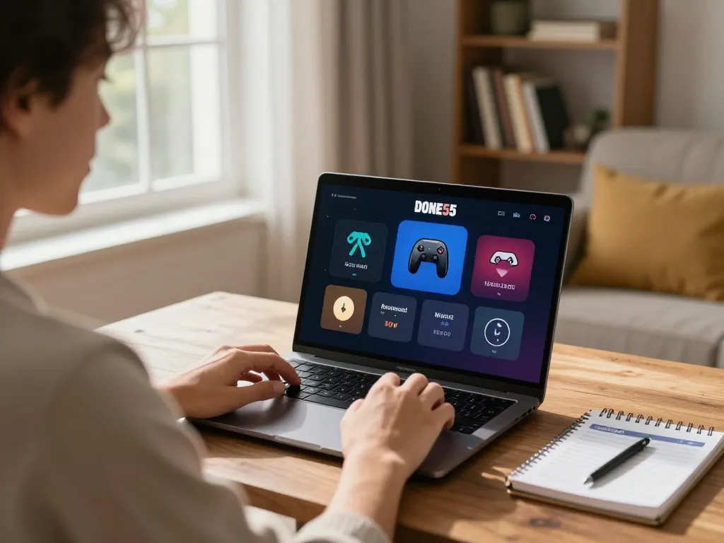 Player using Done55 app on laptop in cozy home setting, showcasing responsible gaming