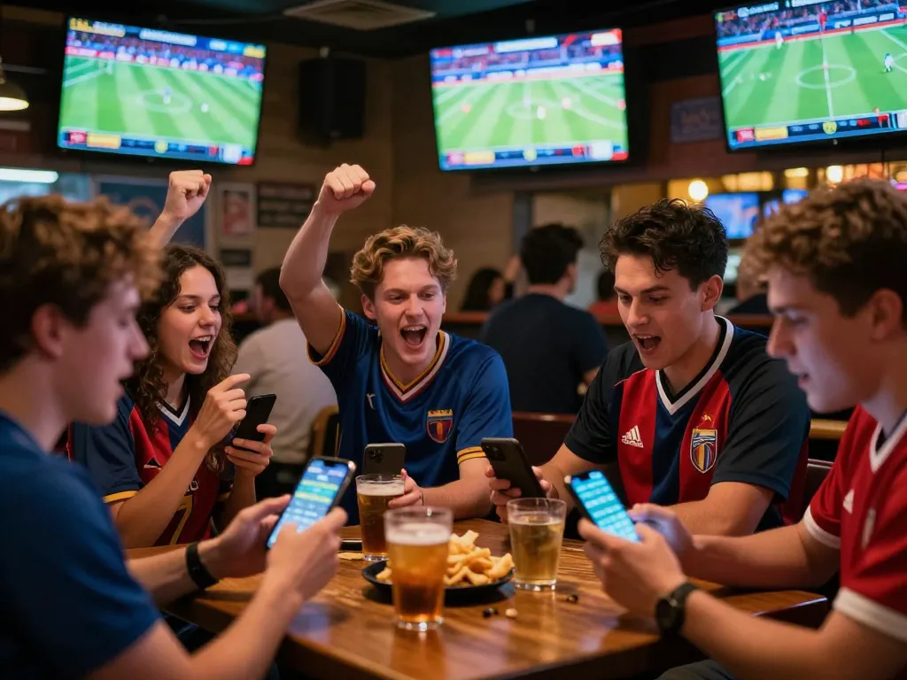 A bettor enjoying the excitement of live sports betting at 789bet, checking odds and celebrating wins in a busy sports bar.