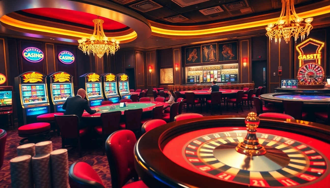 Engage in thrilling gameplay at 6FF's luxurious casino, featuring poker tables and vibrant slot machines.