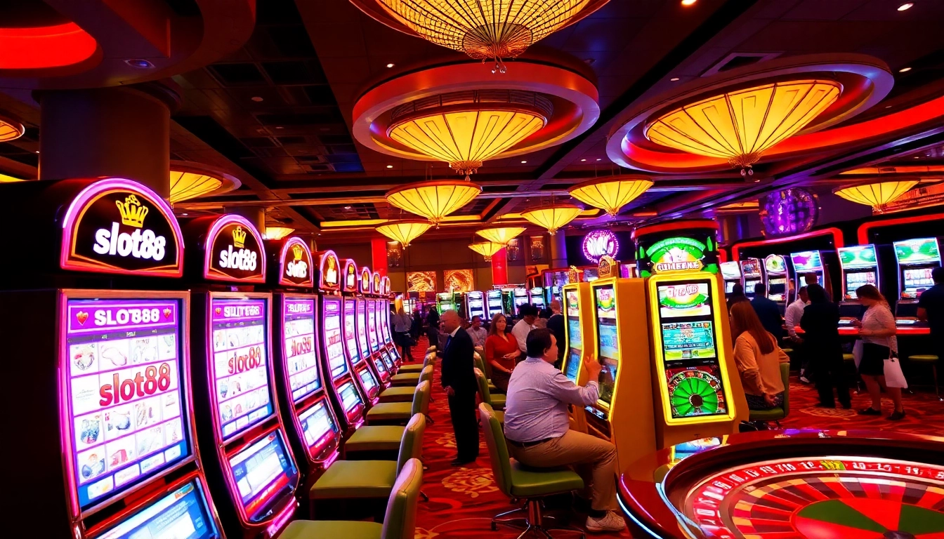 Excited players enjoying slots at slot88 in a luxurious casino environment.