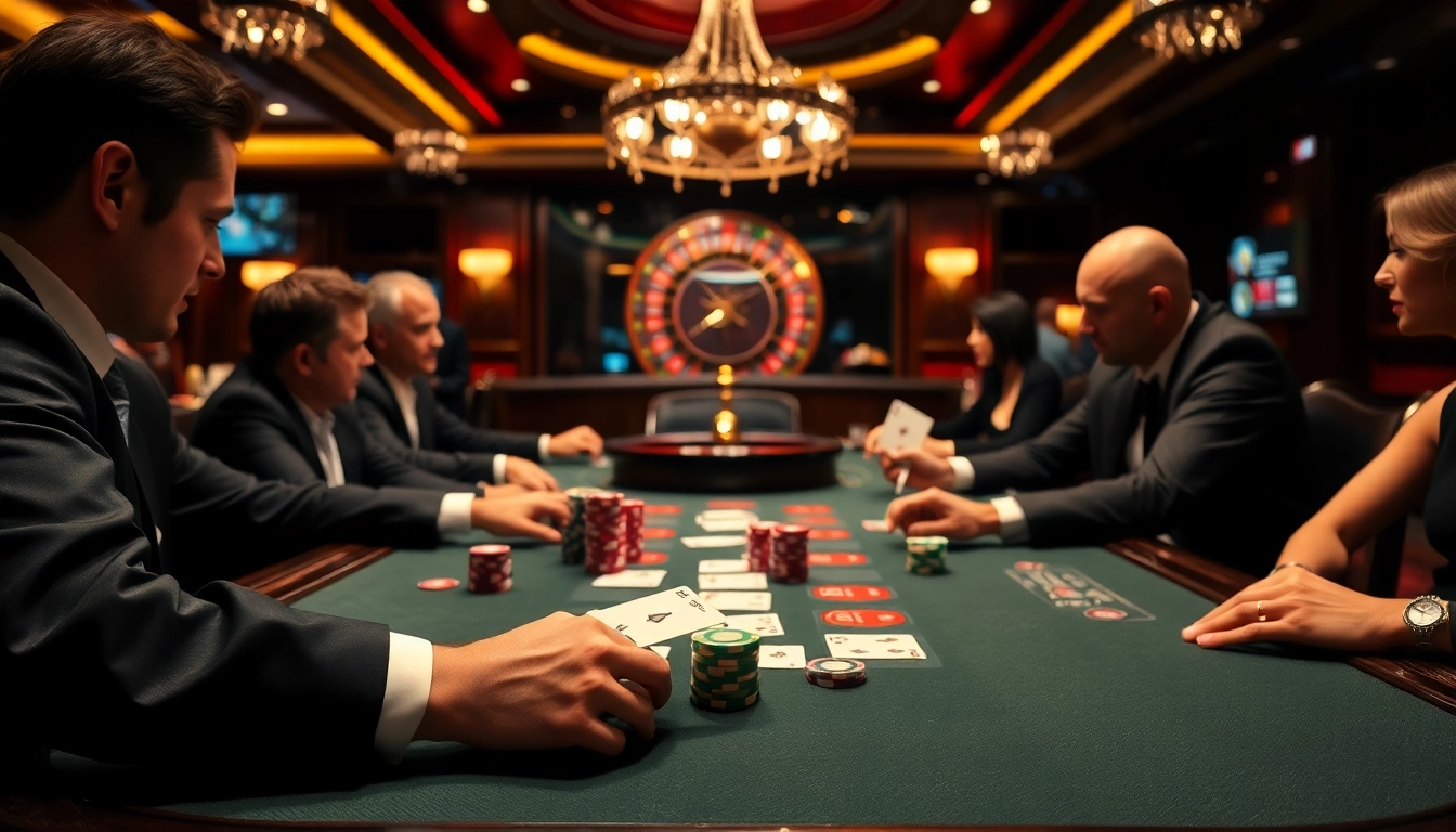 High-stakes poker game at nhà cái XX88 featuring colorful chips and engaged players in a luxurious casino setting.