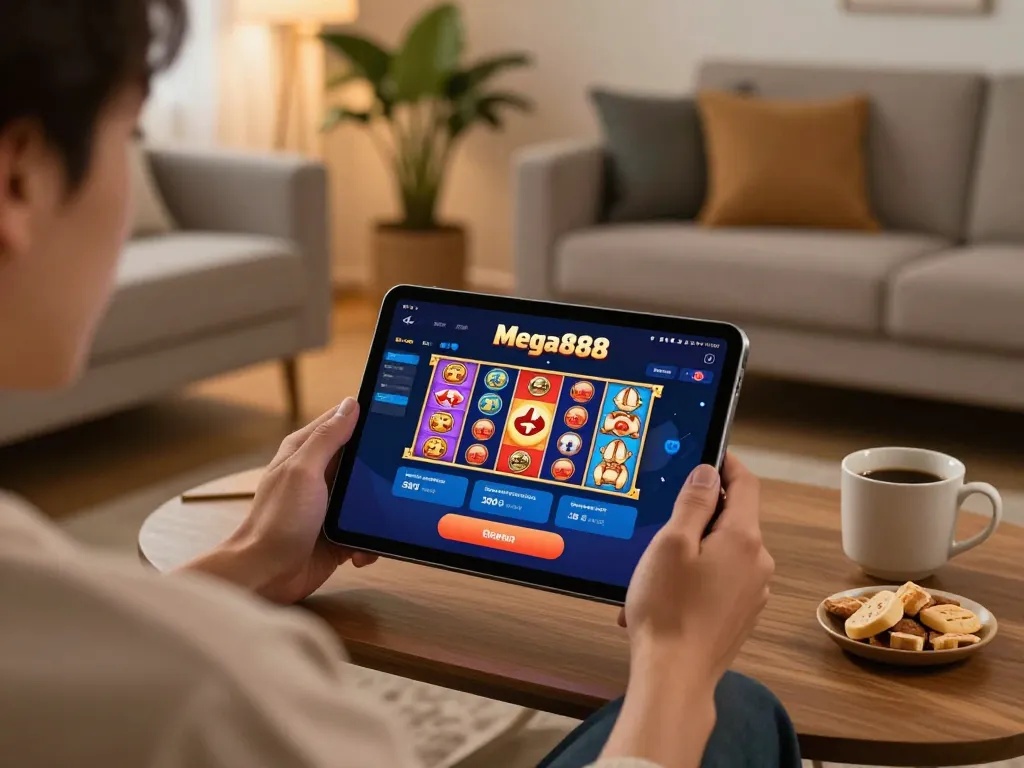 Terlibat dalam pengalaman mendebarkan sambil anda memuat turun Mega888 di peranti mudah alih anda, mempamerkan antaramuka permainan kasino dalam talian.