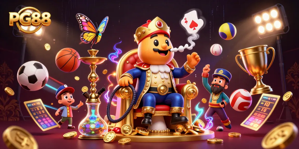 Experience thrilling gaming at PG88 with a whimsical caterpillar playing poker and vibrant sports elements.