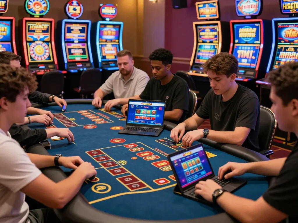 Exciting gaming atmosphere with HM88 top players enjoying diverse online casino games and vibrant graphics.