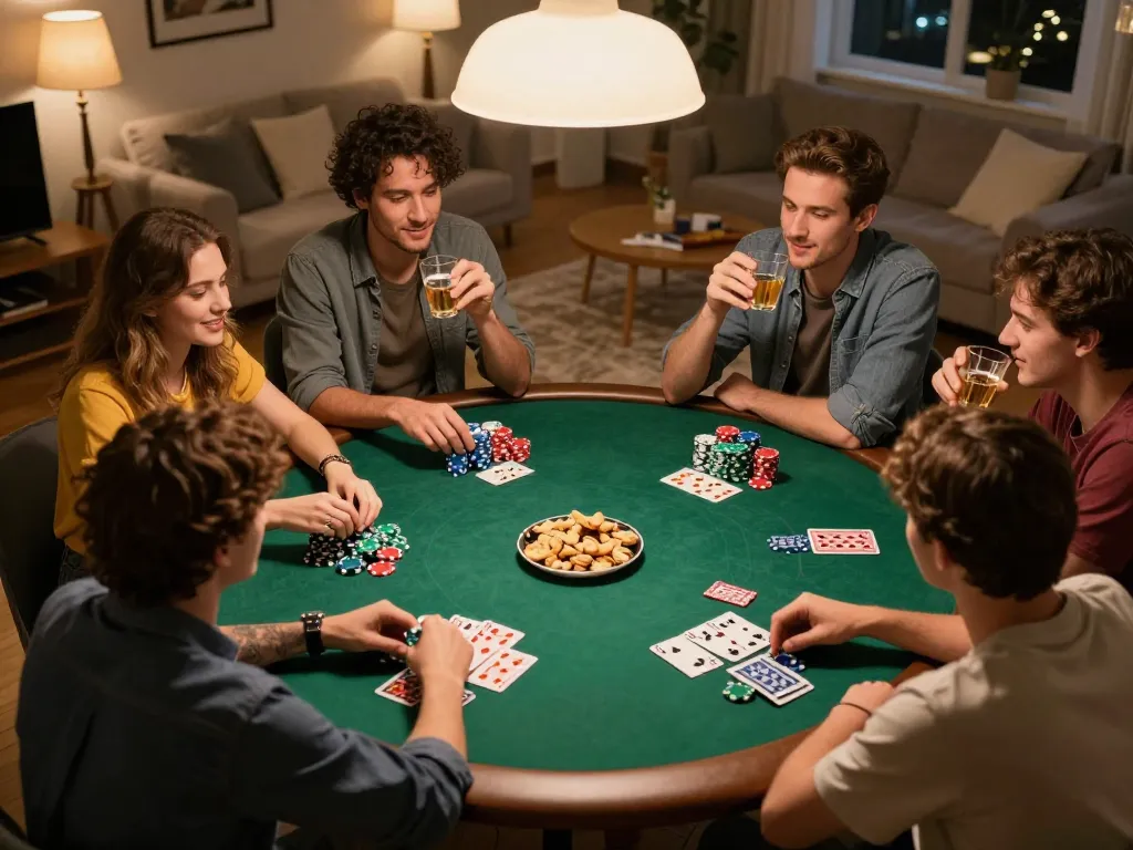 Friends enjoying a lively poker night at home with 88vv-themed snacks and drinks.
