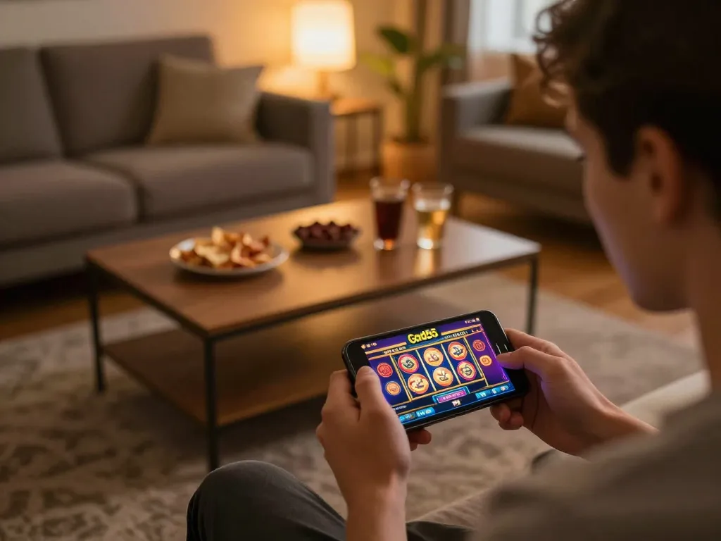 Person playing on the God55 casino app on a smartphone, highlighting engaging online gaming experience.