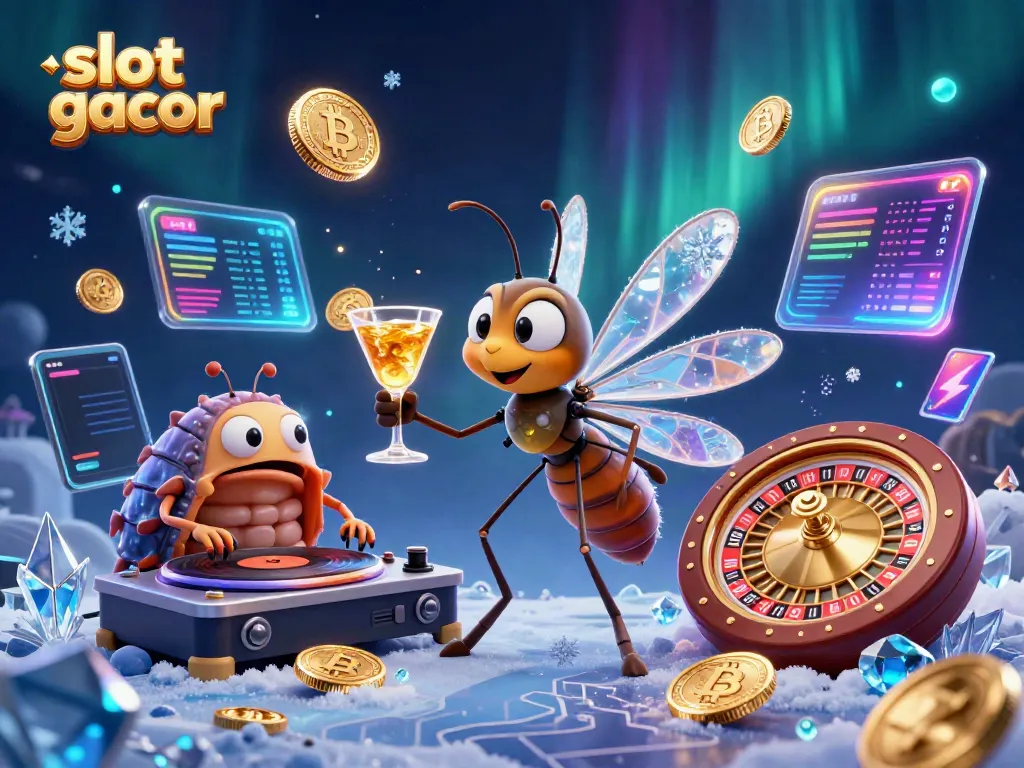 Experience slot gacor with a 3D casino illustration featuring dynamic characters and crypto elements.