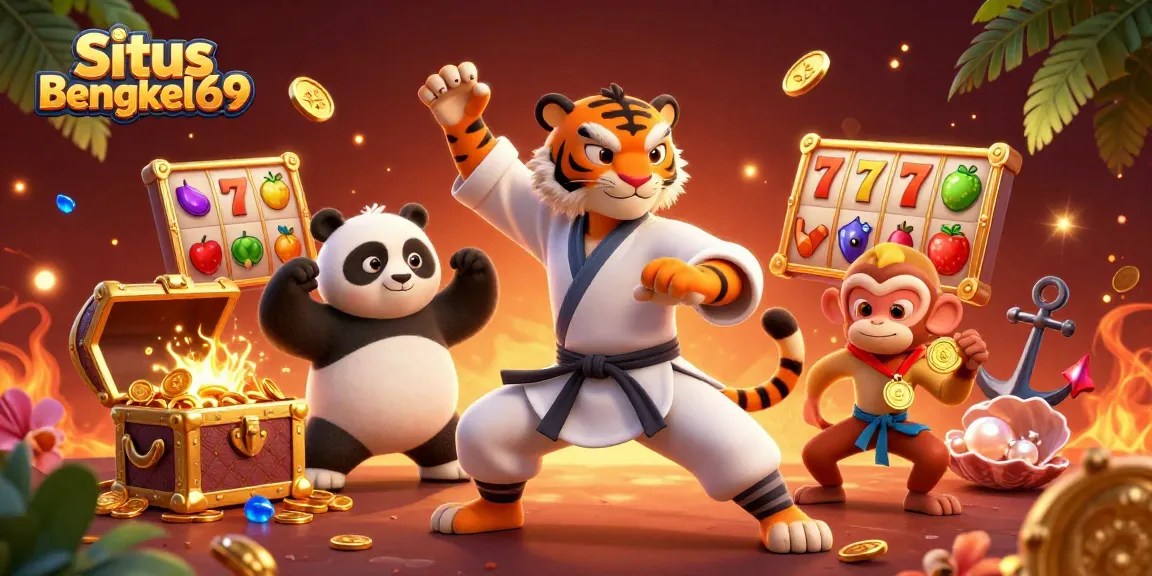 Situs Bengkel69 captivates with a lively 3D casino illustration featuring dynamic slot elements and playful characters.
