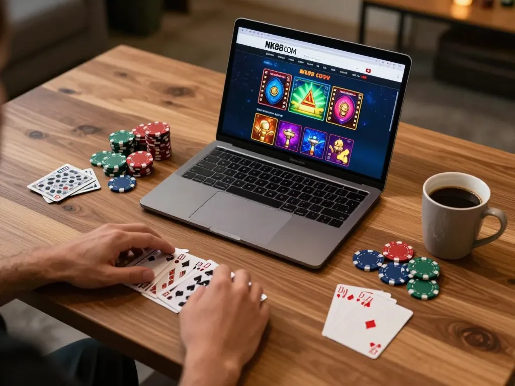 Engaging in online gambling at NK88 COM with vibrant game displays and strategic setups.