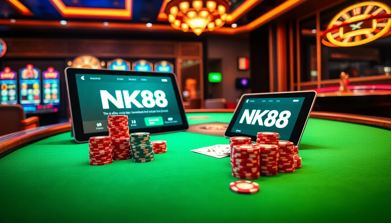 Engaging nhà cái NK88 poker gameplay showcasing secure betting with vibrant chips and cards