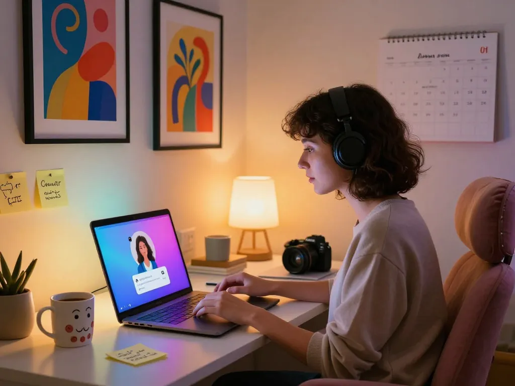 Engaging in an AI sex chat from a cozy home office with innovative technology.