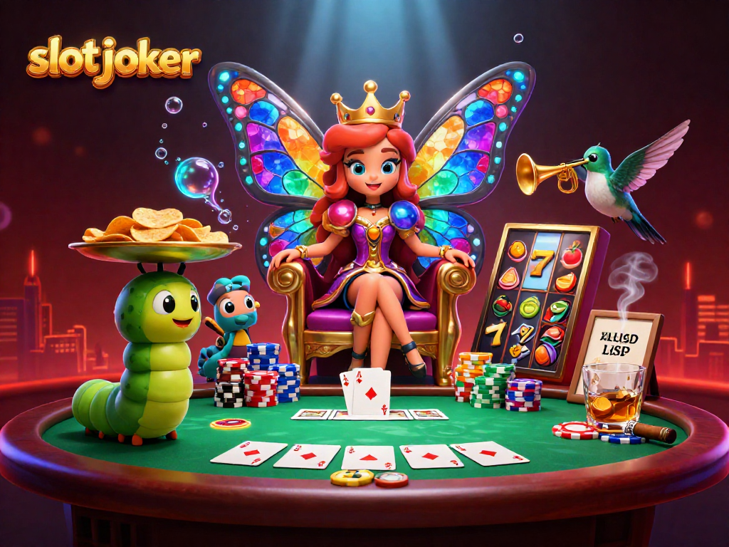 Slot joker menyediakan permainan slot menarik dengan ratu kupu-kupu dan hiasan kasino.