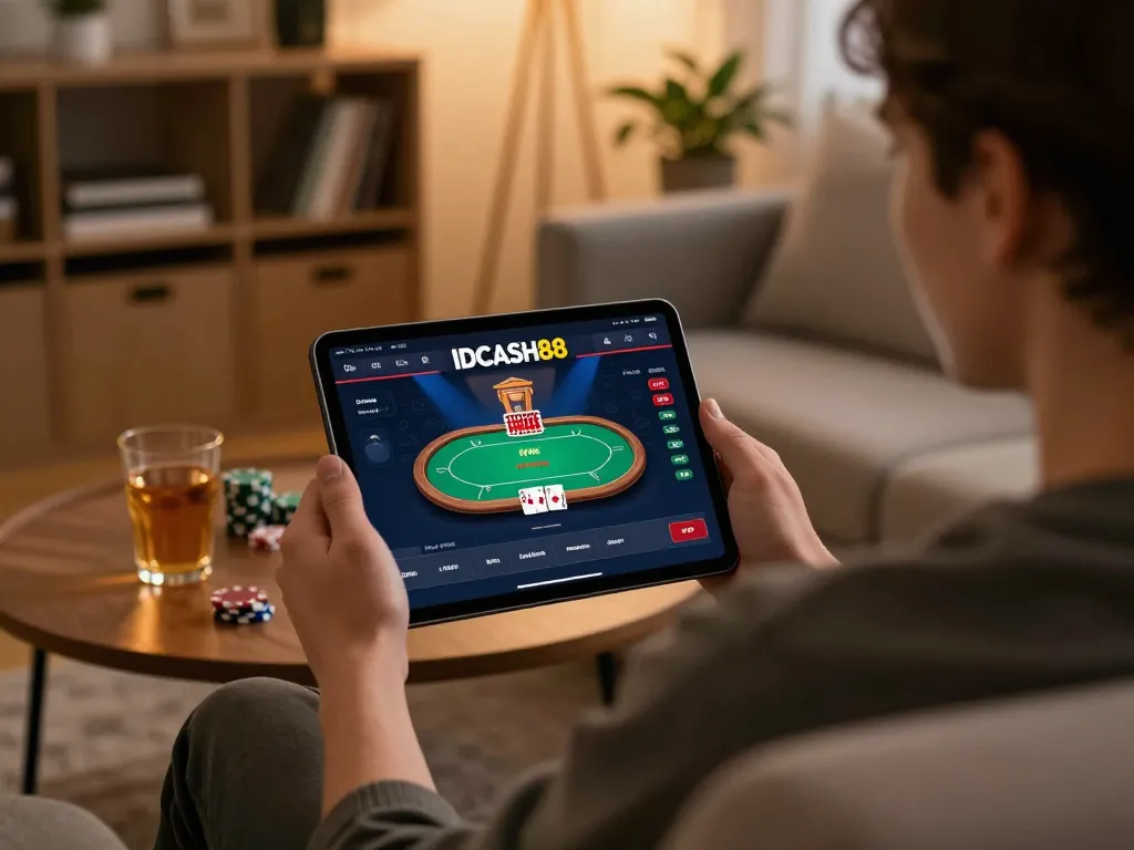 Play online games on IDCASH88, showing a cozy home scene with a tablet and poker interface.