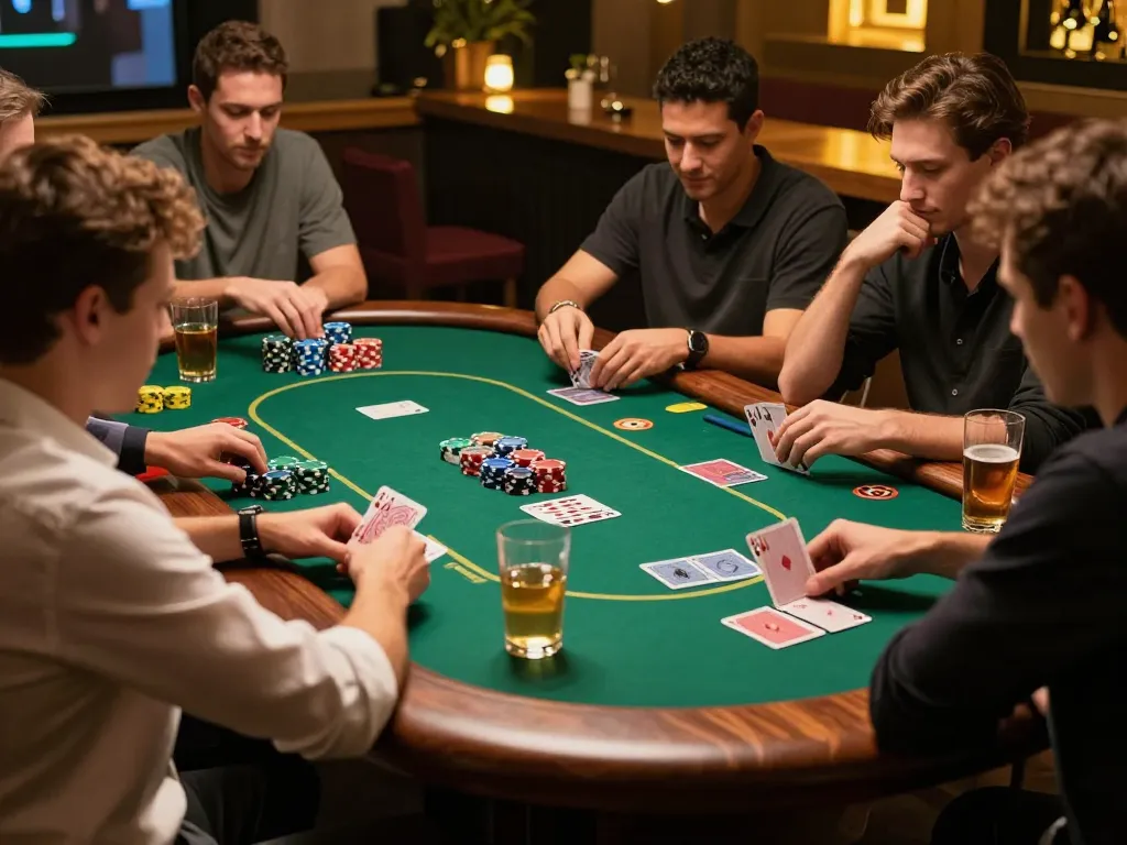Sunwin players engaged at poker table, showcasing strategy and excitement in social gaming.