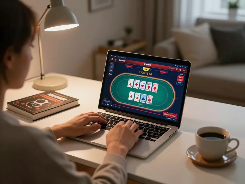 A person plays poker on kp88vip site from a cozy home setup with strategy notes and warm lighting.