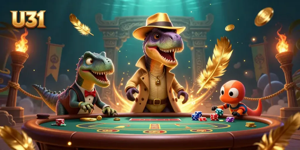 Engage with U31's thrilling blackjack experience featuring an animated velociraptor card counter.