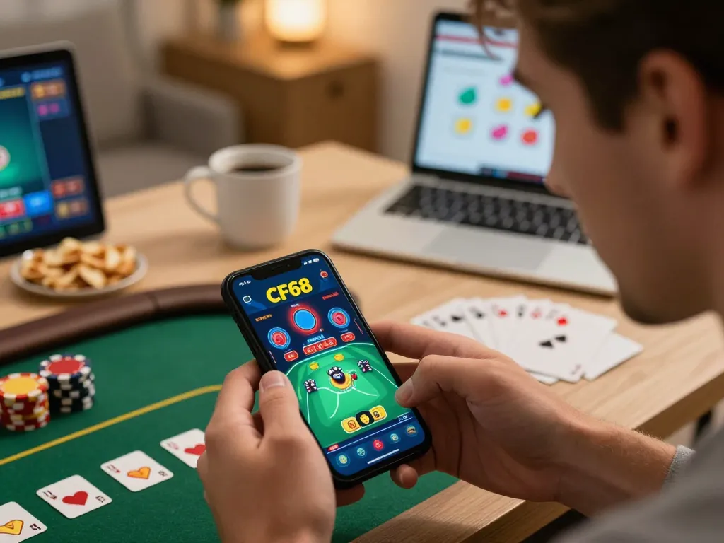 Player enjoying a thrilling poker game on CF68 app, captured in warm home setting.