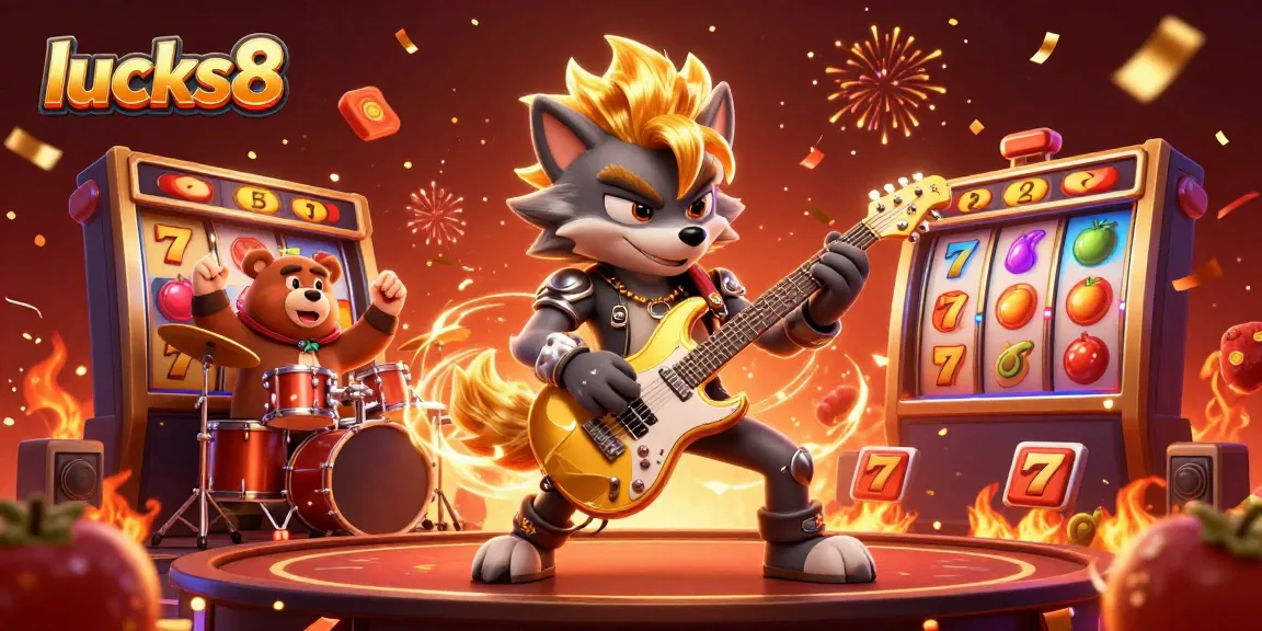 Experience lucks8 thrill in a vibrant casino scene with a rock star wolf and magical elements.