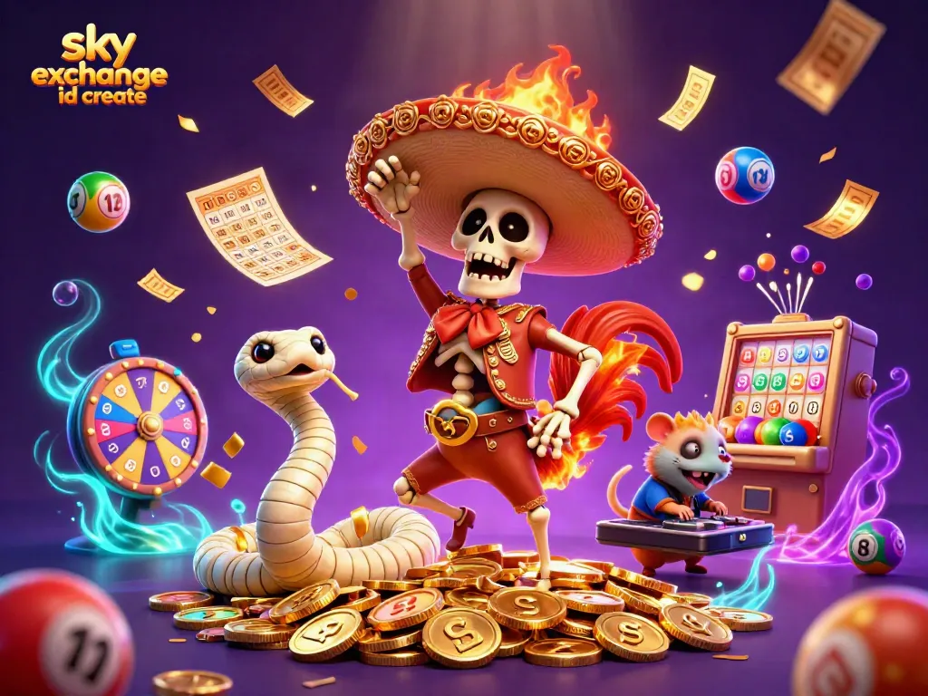 Engaging scene showing a festive skeleton mariachi rooster celebrating on gold coins as part of the sky exchange id create