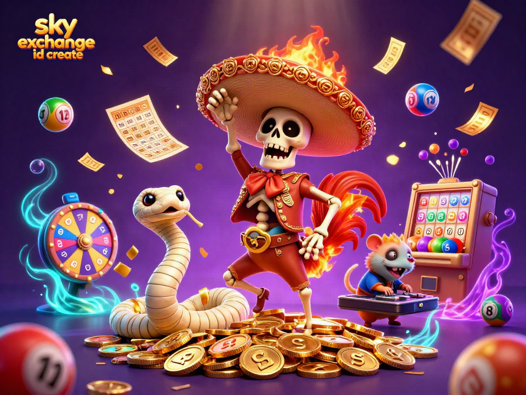 Engaging scene showing a festive skeleton mariachi rooster celebrating on gold coins as part of the sky exchange id create