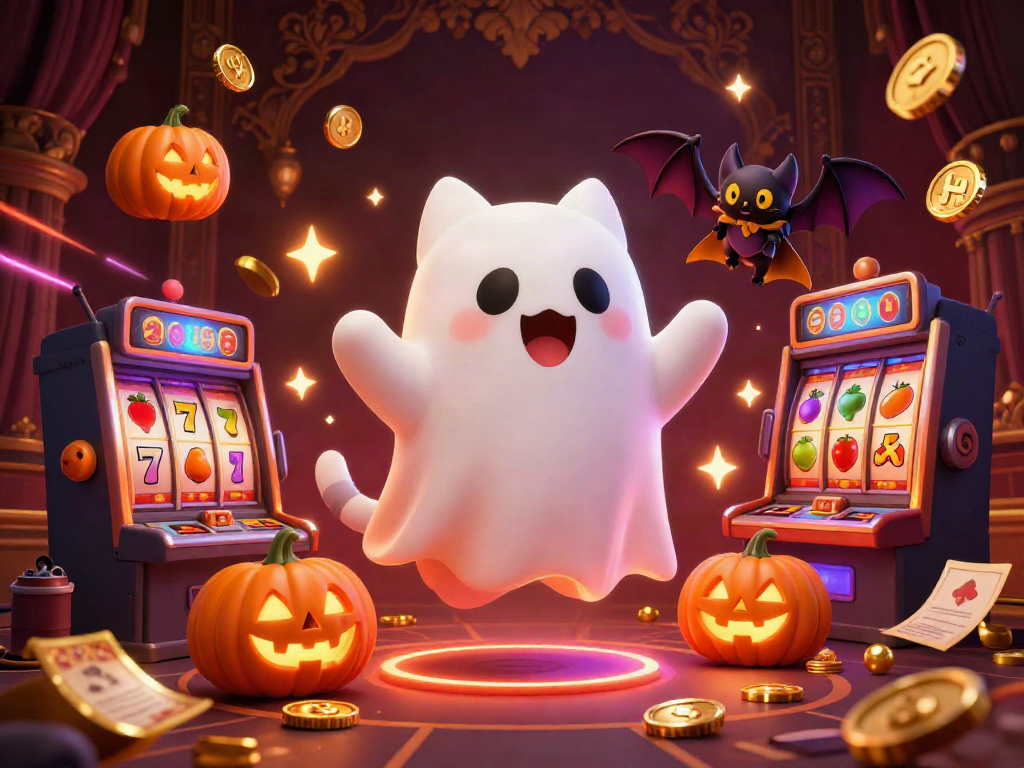 Engage with the safest online casinos Australia featuring a playful ghost cat and bat surrounded by slot machine elements.